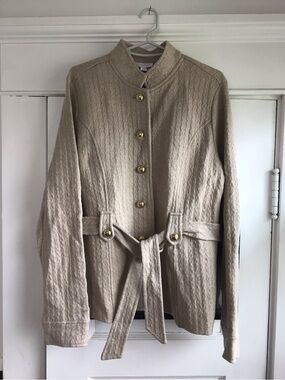 Charter Club Beige Quilted Belted Utility Jacket with Gold Buttons